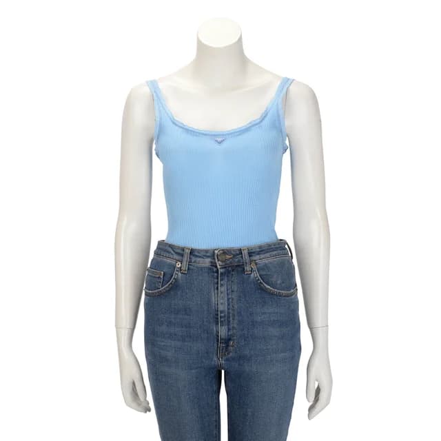 Prada Ribbed Knit Lace Trim Logo Singlet IT 44 in Blue from Blue Spinach, photo 1 of 1