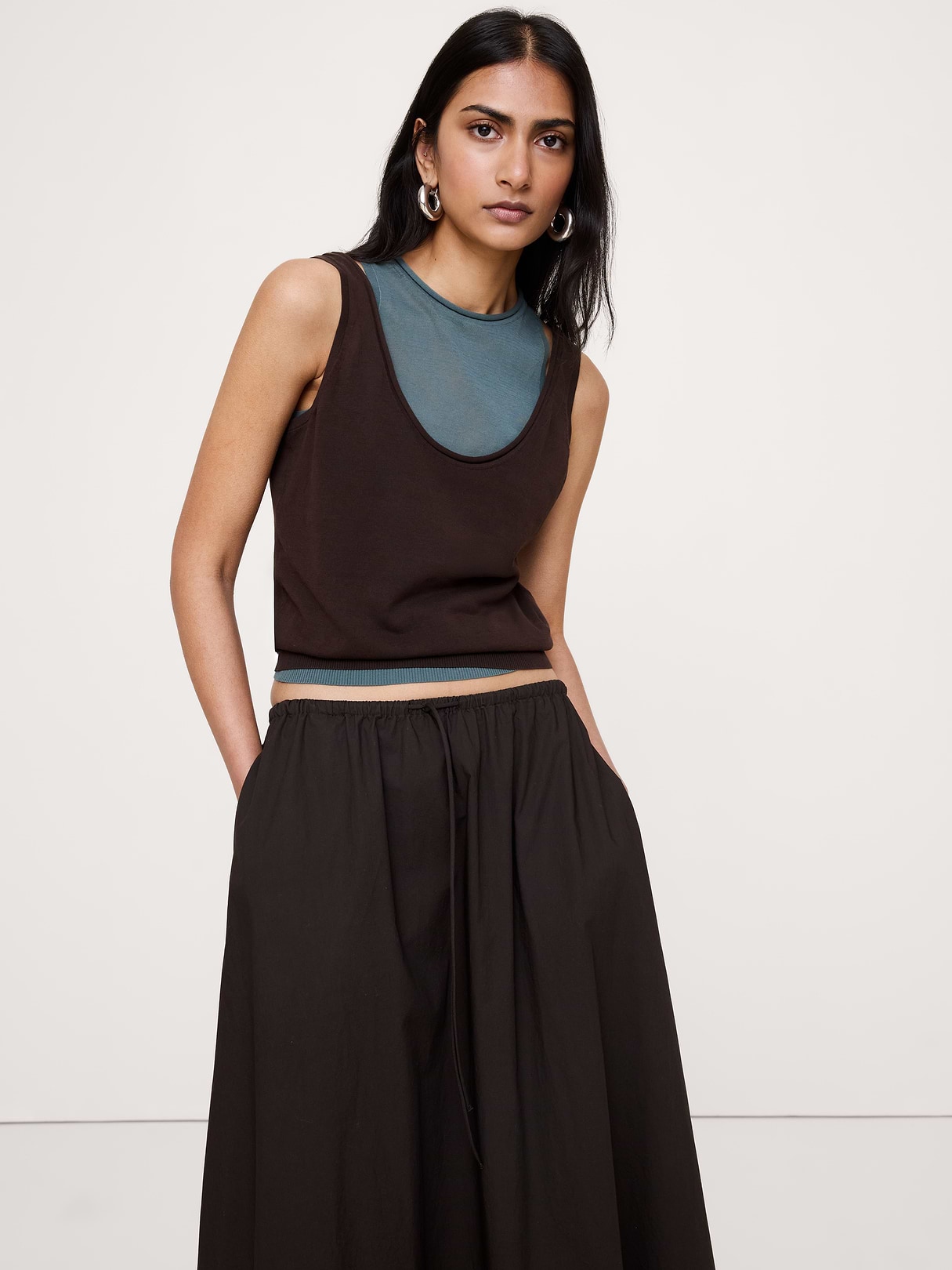 Banana Republic Sheer Ultra-Fine Cotton Layered Tank in Chocolate Brown & Sage Green, image 1 of 1 from Banana Republic (US)