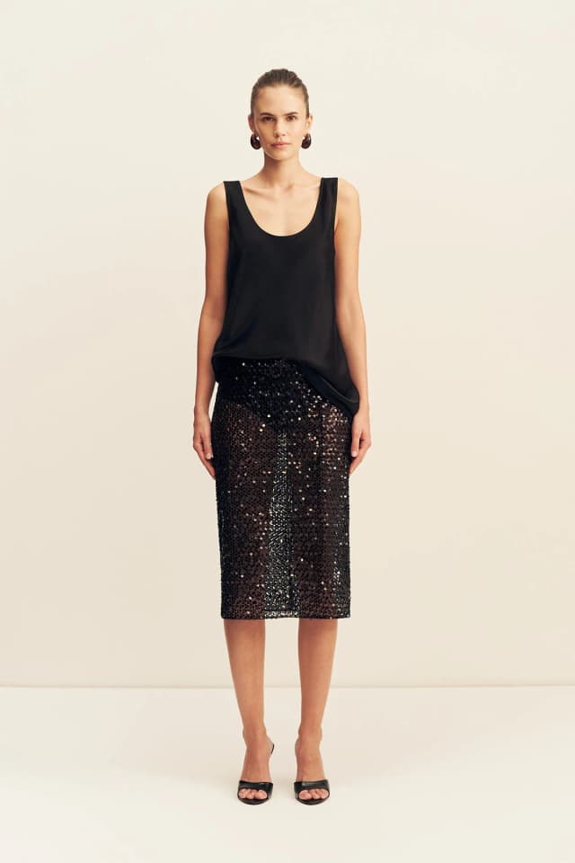 Shona Joy EVERLY SEQUIN MIDI SKIRT WITH DETACHABLE LINING- BLACK, image 1 of 1 from Shona Joy