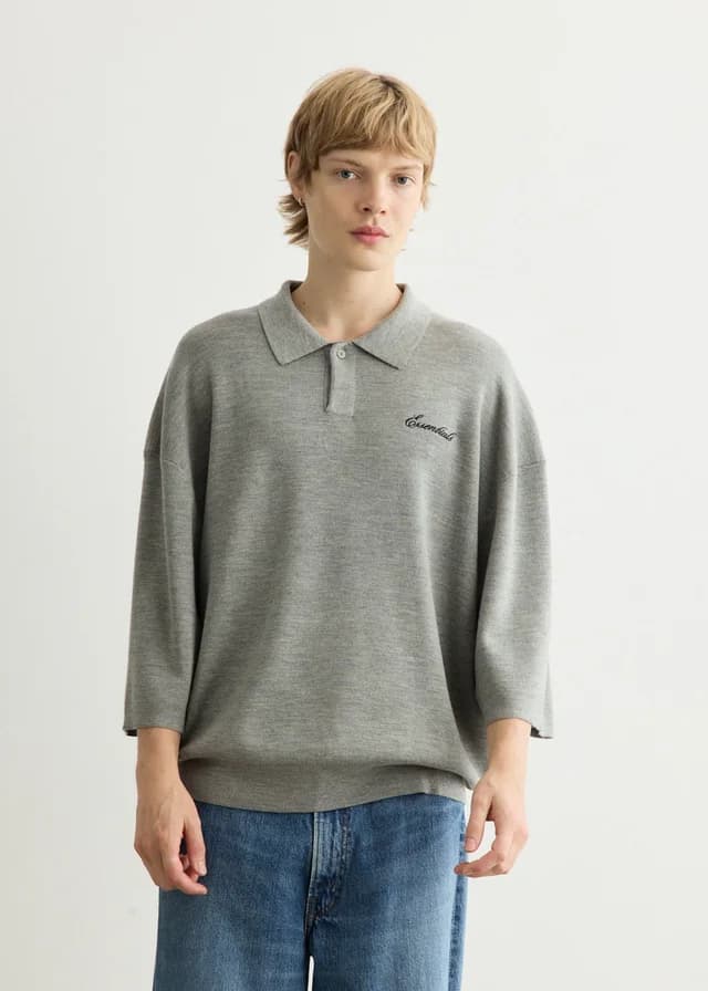 Fear of God Essentials Signature 3/4 Sleeve 90's Knit Polo in CONCRETE HEATHER, image 1 of 1 from Incu
