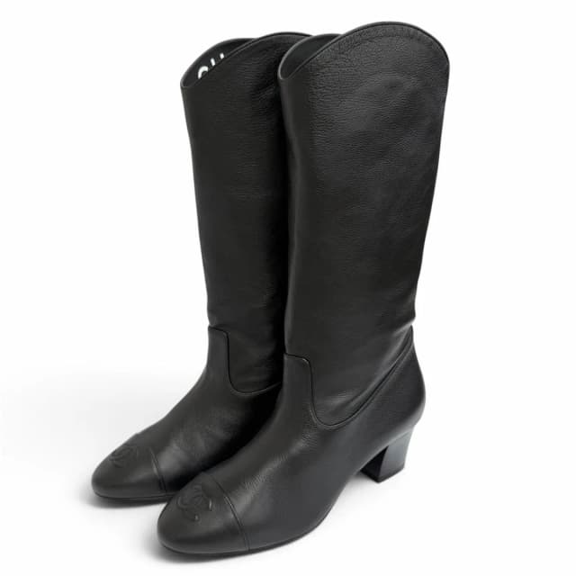 Chanel CC Logo Stitch Middle Leather Boots Jockey Black in Black Leather from The Reluxe, photo 1 of 1