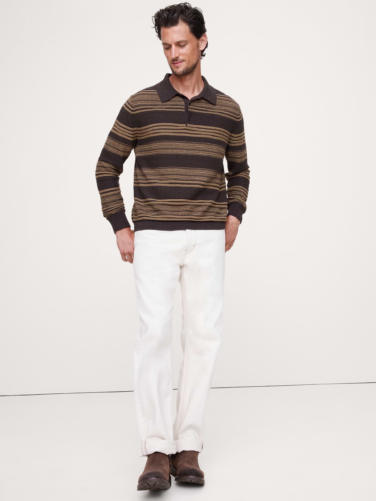 Banana Republic Stripe Cotton-Linen Sweater Polo in Brown, image 1 of 1 from Banana Republic (US)