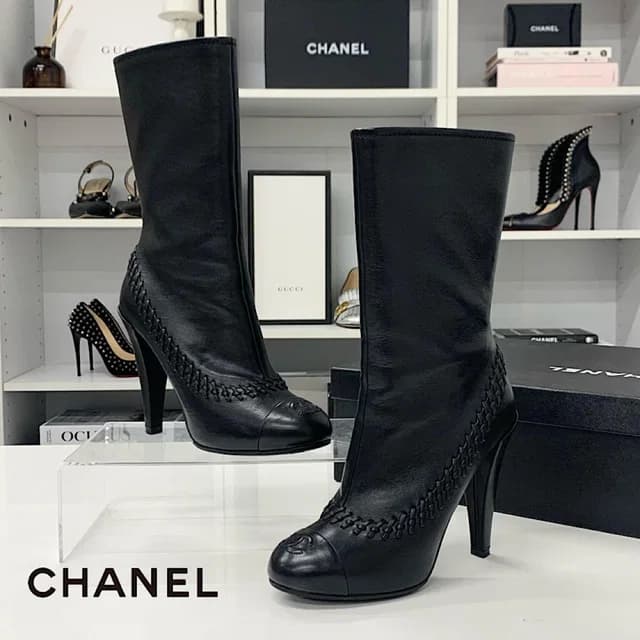 Chanel CC Logo Stitch Middle Boots Black in Black Leather from The Reluxe, photo 1 of 1