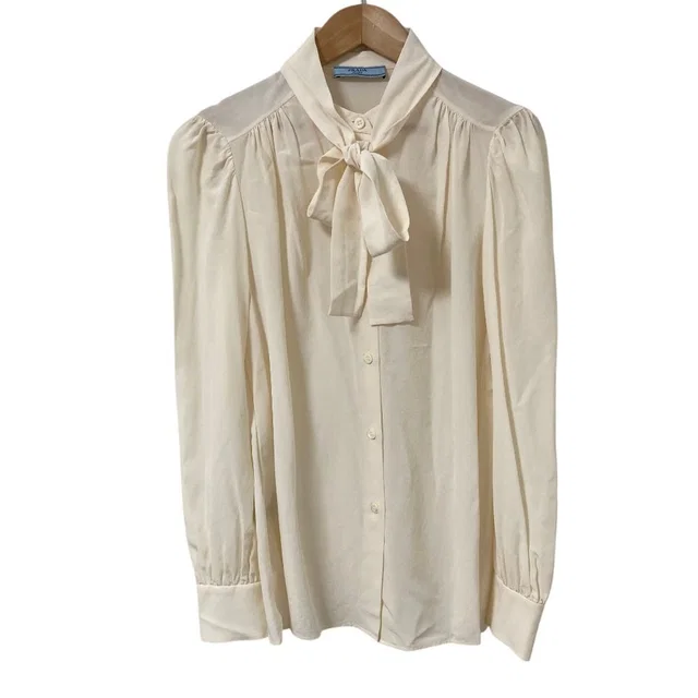 Prada Silk Bow Tie Long Sleeve Louse Ivory Blouse 40 in White Silk from The Reluxe, photo 1 of 1