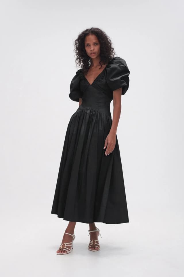 AJE Gabrielle Plunge Midi Dress in BLACK, image 1 of 1 from Aje