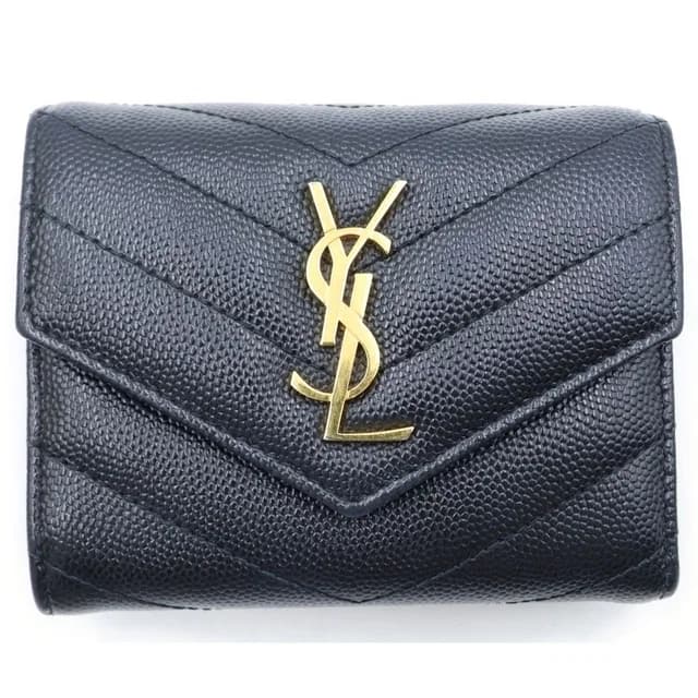 Saint Laurent Monogram Multi Fold Wallet Compact Trifold Leather Gold Black in Black Leather from The Reluxe, photo 1 of 1
