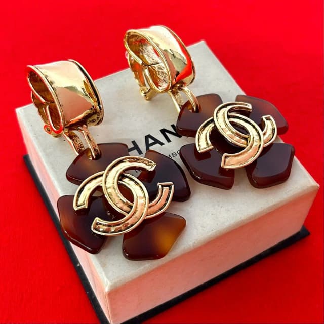 Chanel 94P With Rice CC Logo Marble Plastic Earrings Gold Brown in Brown from The Reluxe, photo 1 of 1