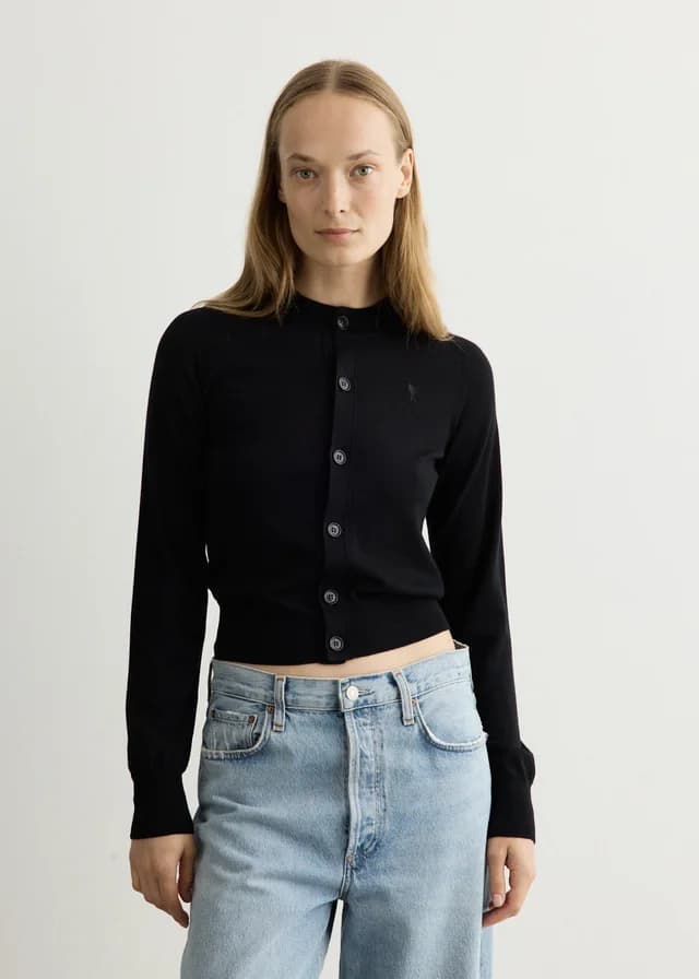 AMI PARIS ADC Crewneck Cardigan in NOIR/NOIR, image 1 of 1 from Incu