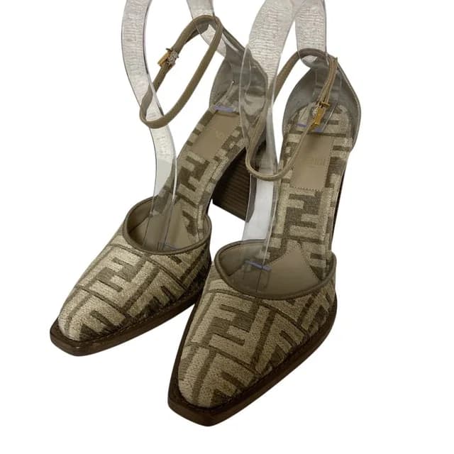 Fendi Chenille Jacquard FF Cut Ankle Strap Pumps Beige Heels in Beige from The Reluxe, photo 1 of 1