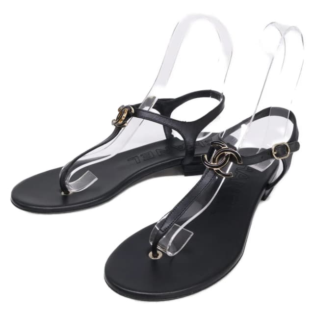 Chanel CC Logo Leather Ankle Strap Thong Sandals in Leather from The Reluxe, photo 1 of 1