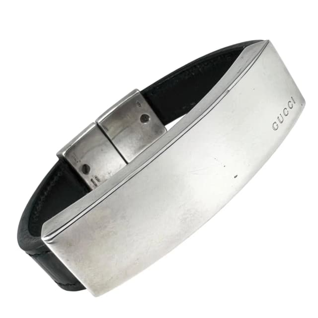 Gucci Logo Leather Silver Black Bangle Bracelet in Black Leather from The Reluxe, photo 1 of 1