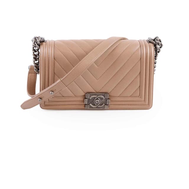Chanel Old Medium Boy Chevron Taupe Latte Caviar in Taupe Caviar leather from The Purse Affair, photo 1 of 1