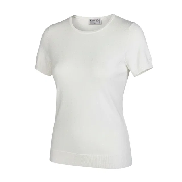 Chanel CC Logo Short Sleeve Knit Sweater 40 White Cotton in White from The Reluxe, photo 1 of 1