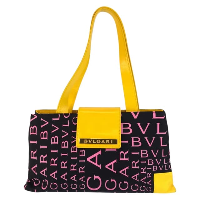 Bvlgari Logo Mania Black Yellow Pink Canvas Leather Shoulder Bag in Black Canvas from The Reluxe, photo 1 of 1