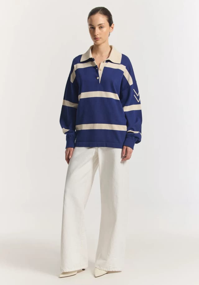 VIKTORIA & WOODS Rival Polo Knit in FADED INK STRIPE, image 1 of 1 from Viktoria & Woods