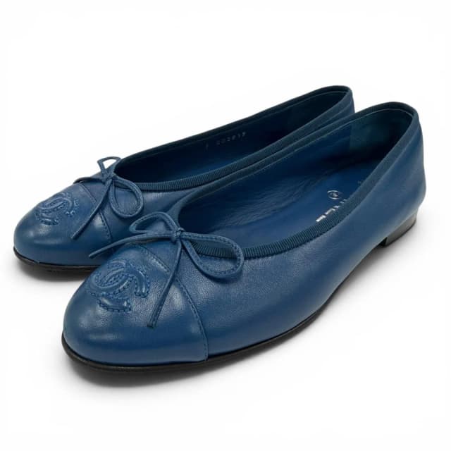 Chanel Ballerina CC Logo Ribbon Leather Flat Pumps Ballet Shoes Navy in Navy Leather from The Reluxe, photo 1 of 1