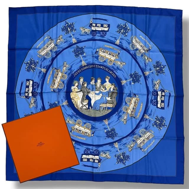 Hermès Scarf Jeu Des Omnibus Et Dames Blanches And White Game Blue in White Silk from The Reluxe, photo 1 of 1