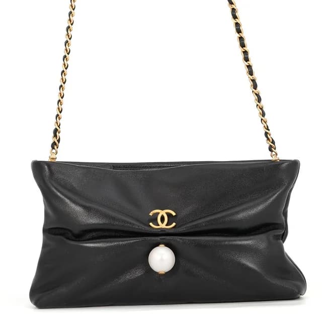 Chanel Chain Shoulder Bag CC Logo Clutch Faux Pearl Shiny Lambskin 2-Way Black in Black Lambskin from The Reluxe, photo 1 of 1