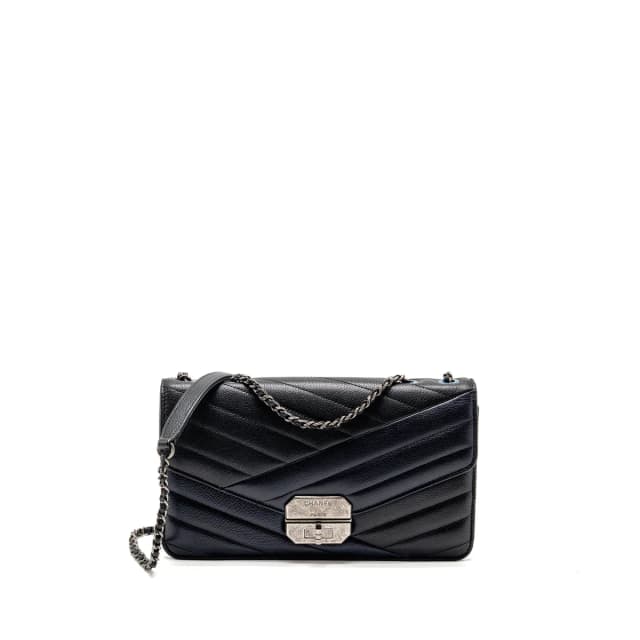 Chanel Envelop Metal Plate Flap Bag Chevron Calfskin Black/Navy Ruthenium silver Hardware in Black Calfskin from EMIER, photo 1 of 1