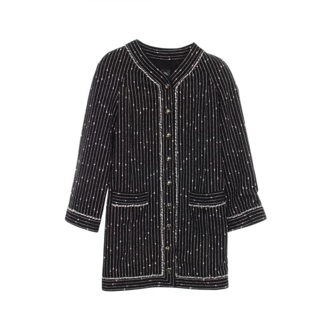 Chanel CC Logo Button Stripe Collarless Cotton Coat from The Reluxe, photo 1 of 1