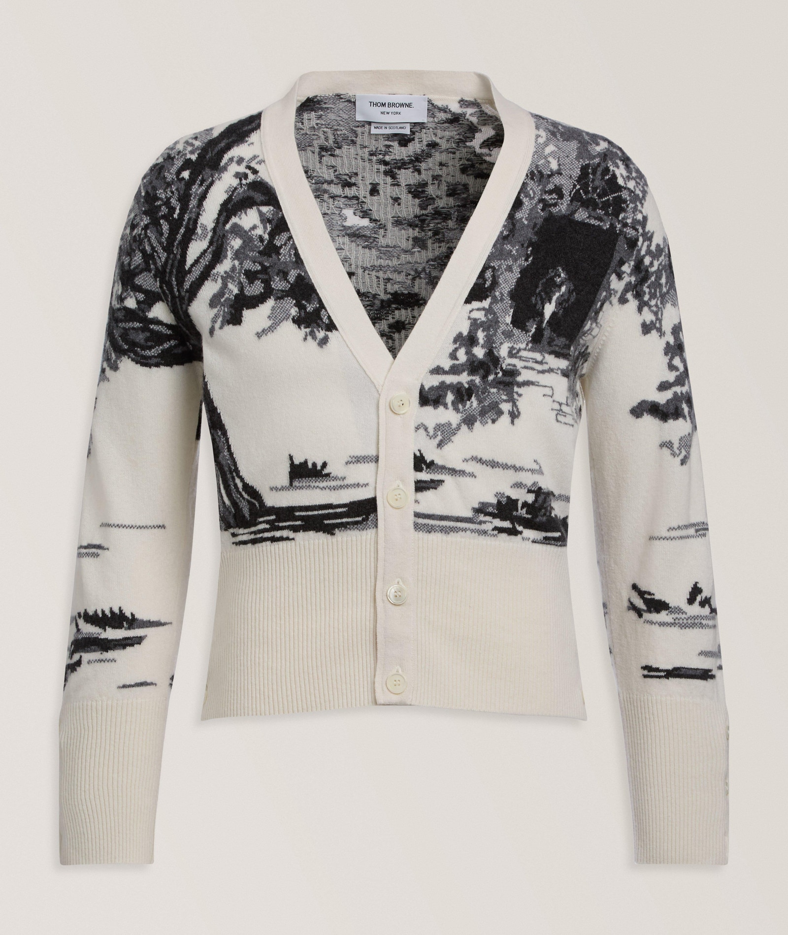Thom Browne Cashmere Jersey Intarsia Hector Toile Cardigan in White, image 1 of 1 from Harry Rosen