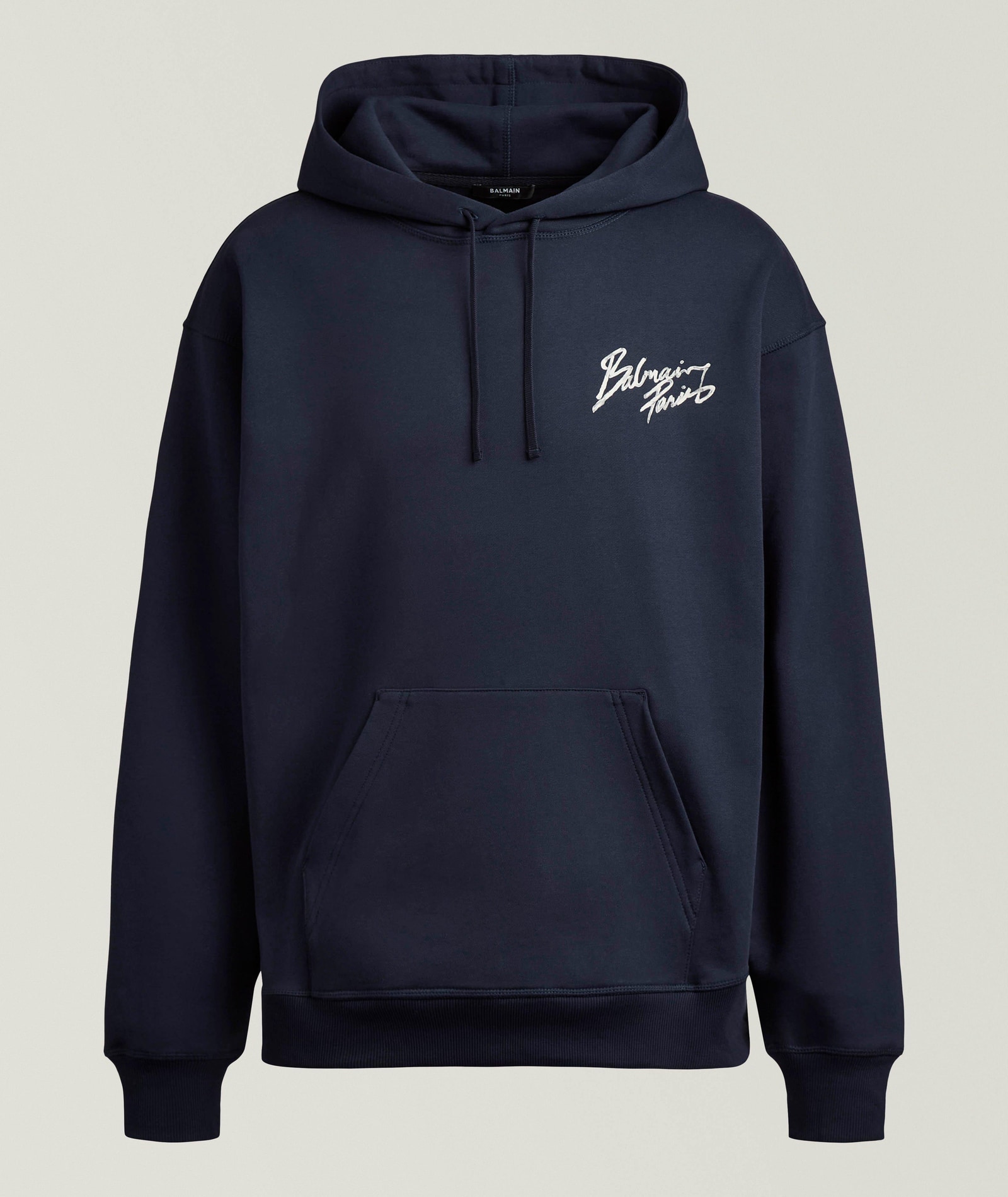 Balmain Brushstroke Logo Hooded Sweatshirt in Blue Cotton & Cotton Blends, image 1 of 1 from Harry Rosen