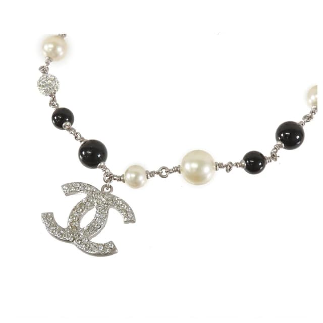 Chanel CC Logo Necklace Silver Black Costume Pearl Rhinestone Metal in Black from The Reluxe, photo 1 of 1