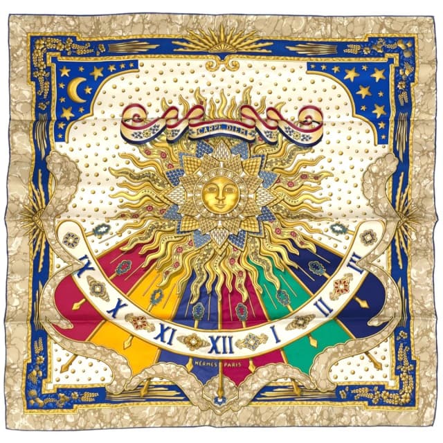 Hermès Carre 90 Carpe Diem Scarf Enjoy Your Day Sun Moon Silk Blue Multicolor in Blue Silk from The Reluxe, photo 1 of 1