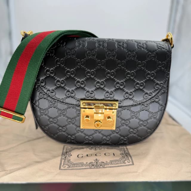 Gucci Black Guccissima Padlock Messenger Crossbody/Shoulder Bag (NEW) in Black Calfskin from SparklesnDreams, photo 1 of 1