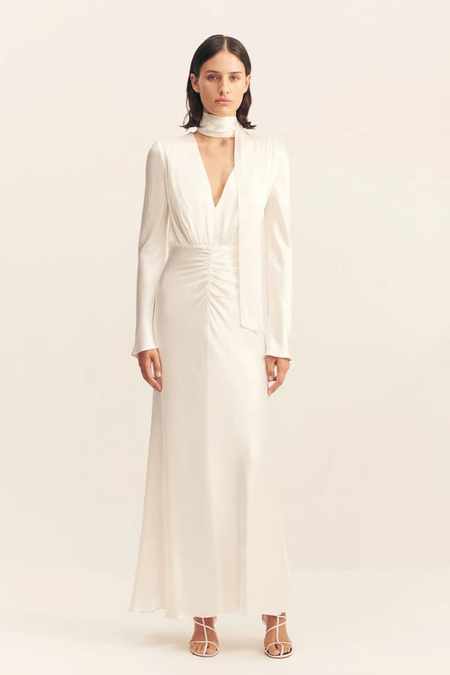 Shona Joy LA LUNE PLUNGED LONG SLEEVE MAXI DRESS - WHITE, image 1 of 1 from Shona Joy
