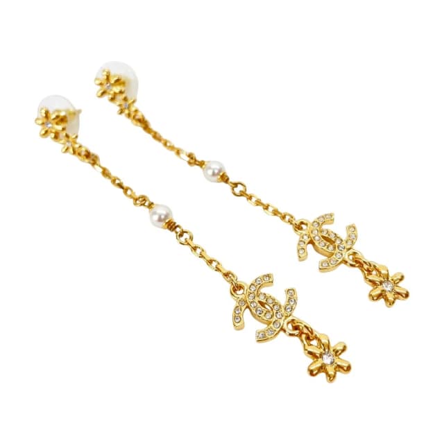 Chanel 23A CC Logo Flower Long Earrings Faux Pearl Rhinestone Gold in Gold from The Reluxe, photo 1 of 1