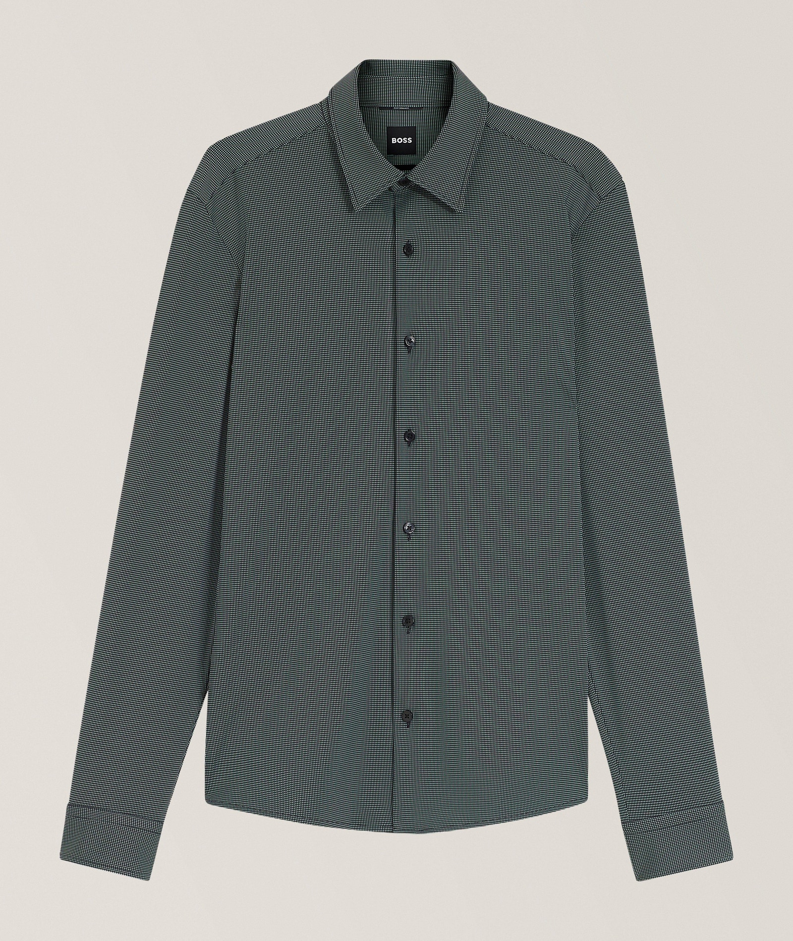 BOSS Roan Neat Stretch-Performance Jersey Shirt in Black 41% polyamide, 32% polyester, 27% elastane, image 1 of 1 from Harry Rosen