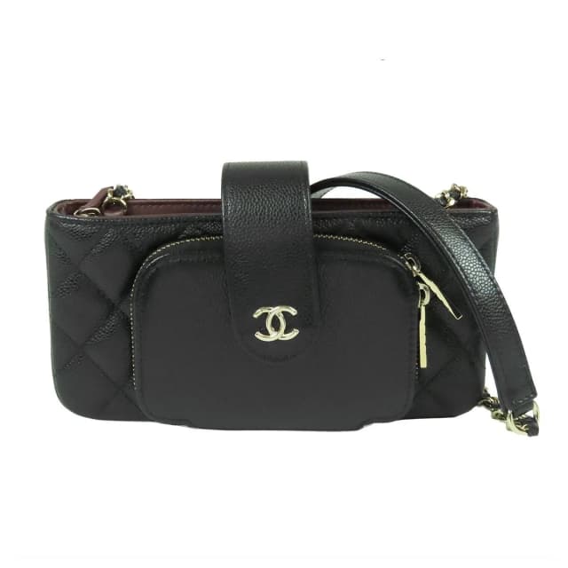 Chanel Phone Case Black Gold Caviar Leather Quilted CC Logo Chain in Black Caviar leather from The Reluxe, photo 1 of 1
