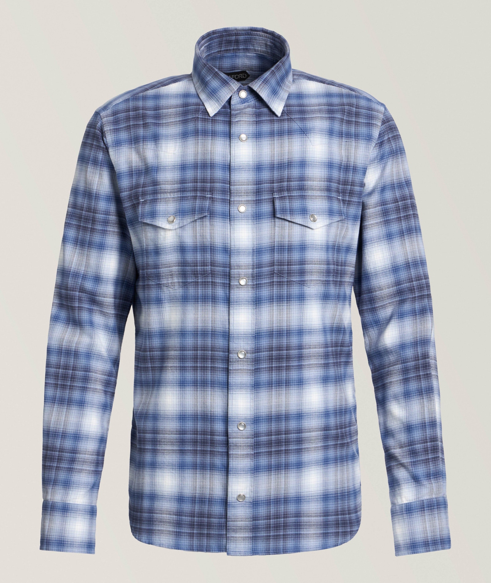 TOM FORD Western Defused Check Cotton Shirt in Blue Cotton & Cotton Blends, image 1 of 1 from Harry Rosen