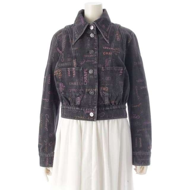 Chanel CC Logo Multi Print Denim Jacket Black Multicolor 36 in Black Denim from The Reluxe, photo 1 of 1