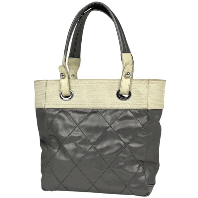 Chanel Tote Bag Paris Biarritz PM CC Logo Handle Gray Ivory in White Coated canvas from The Reluxe, photo 1 of 1
