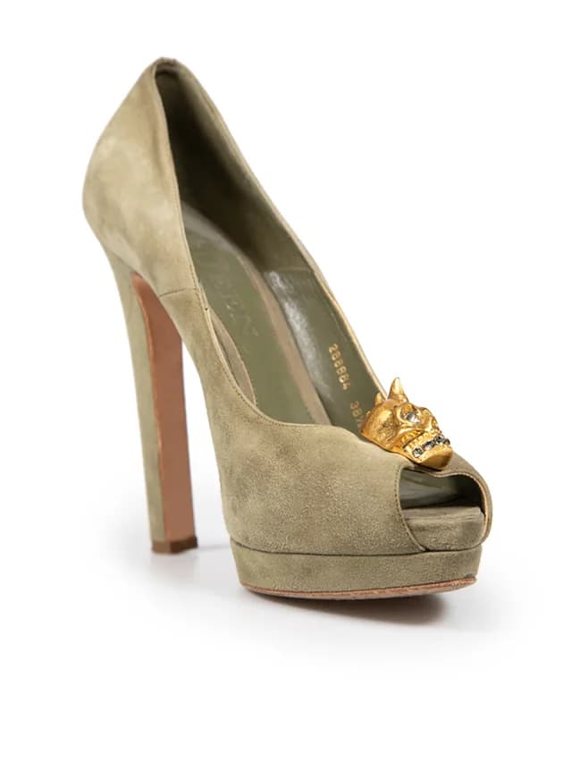 Alexander McQueen Olive Suede Embellished Skull Heels in Green Suede from Csd, photo 1 of 1