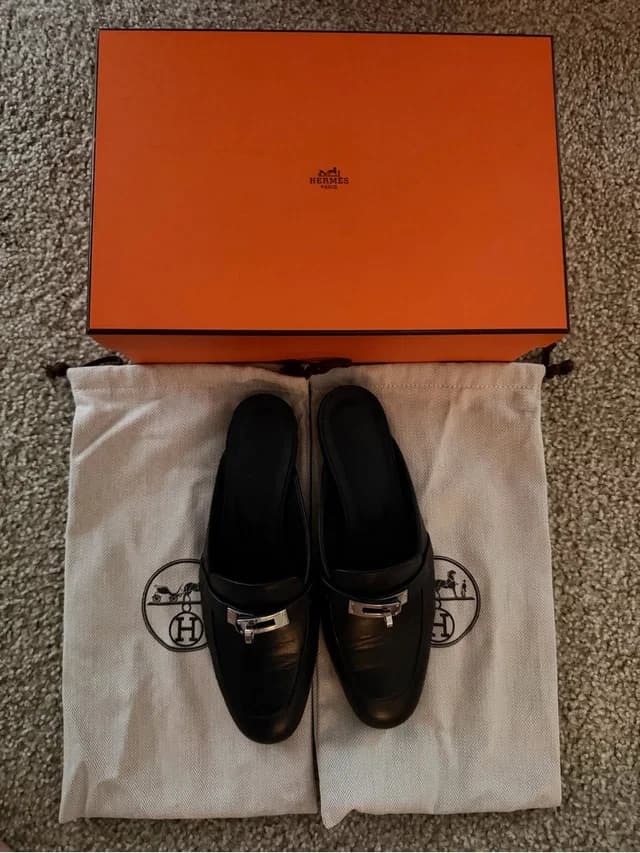 Hermès Leather Mule With Silver Tone Buckle in black Leather from Poshmark, photo 1 of 1