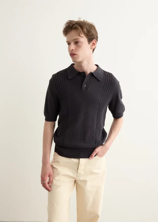 Incu Collection Merchant Stripe Knit Polo in STEEL NAVY, image 1 of 1 from Incu