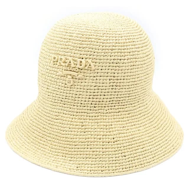 Prada Clochette Hat Letter Ring Logo Raffia Bucket Hat Beige in Beige Raffia from The Reluxe, photo 1 of 1