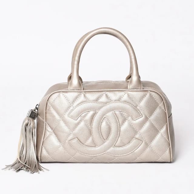 Chanel Quilted CC Logo Mini Boston Bag Caviar Leather Blanc Style Gold Silver in White Caviar leather from The Reluxe, photo 1 of 1