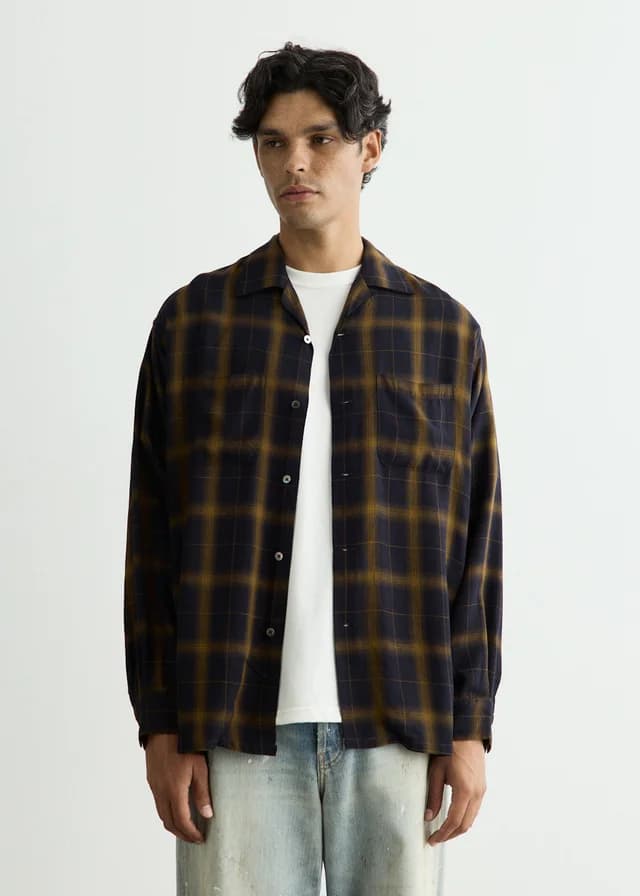 Beams Plus Open Collar Ombre Plaid Shirt in BLACK MUSTARD OMBRE 19, image 1 of 1 from Incu