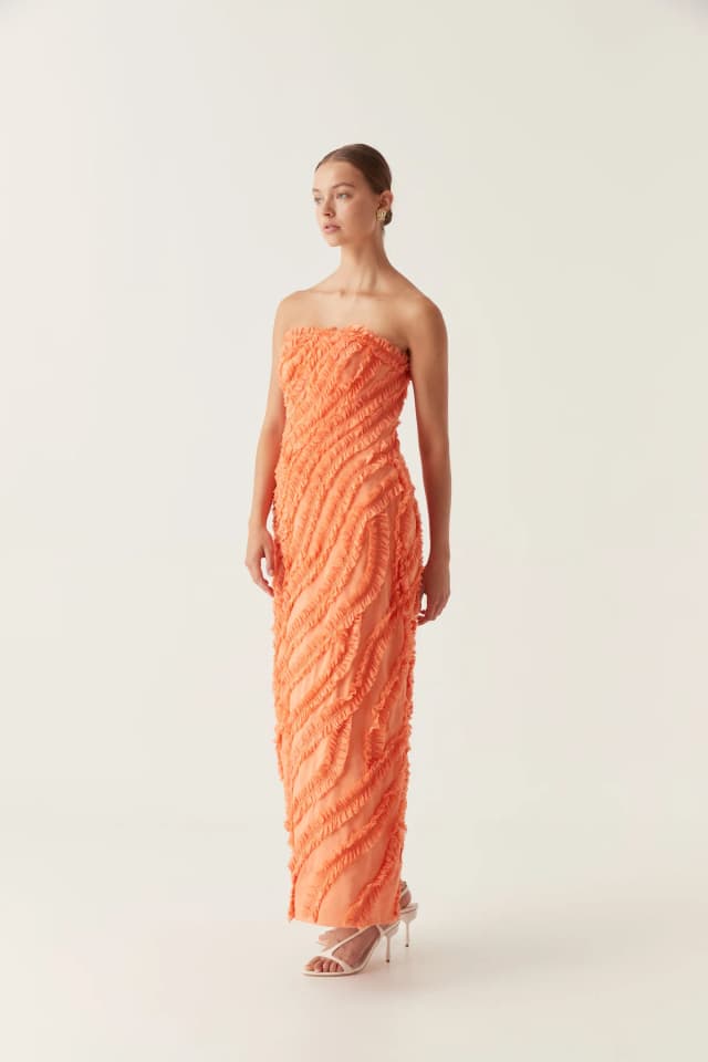 AJE Terrene Frill Maxi Dress in SUNSET ORANGE, image 1 of 1 from Aje