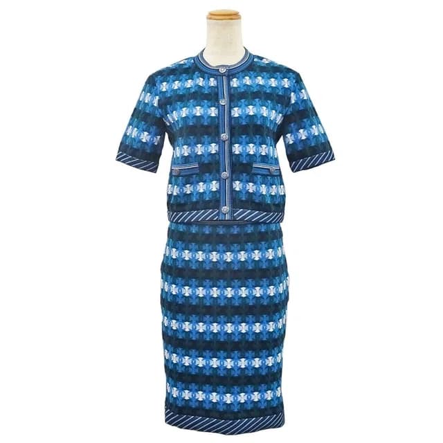 Chanel Set CC Logo Cardigan Skirt 36 Blue White Polyester in White from The Reluxe, photo 1 of 1