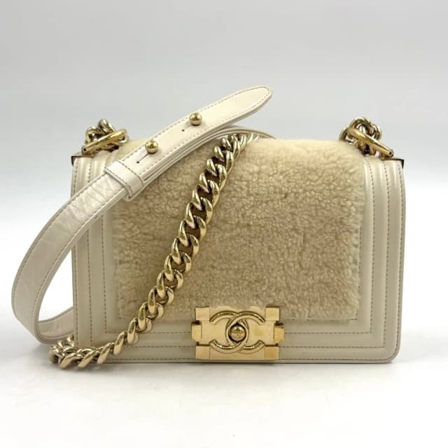 Chanel Boy Leather Shearling Ivory Chain Shoulder Bag Gold in White Leather from The Reluxe, photo 1 of 1
