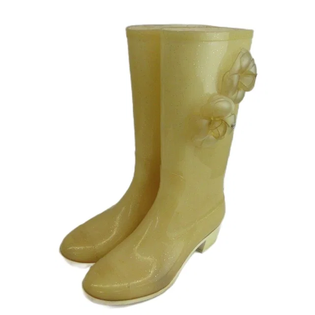 Chanel Camellia CC Logo Rain Boots Rubber Glitter Long Beige in Beige from The Reluxe, photo 1 of 1