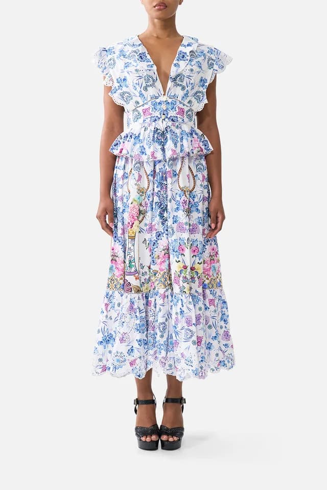 Camilla eBoutique WAISTED MIDI DRESS WITH RUFFLE DETAILS ALL ABOUT THAT LACE, image 1 of 1 from CAMILLA