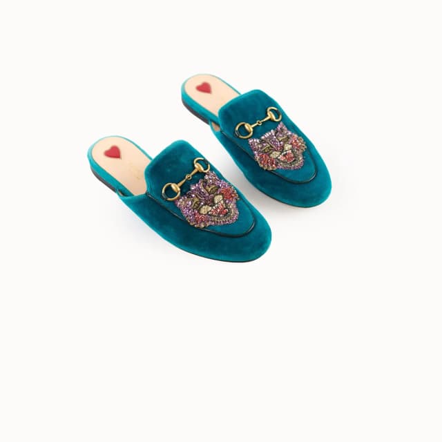 Gucci Teal Velvet Embroidered Princetown Loafers 35.5 in Blue Velvet from The Purse Affair, photo 1 of 1