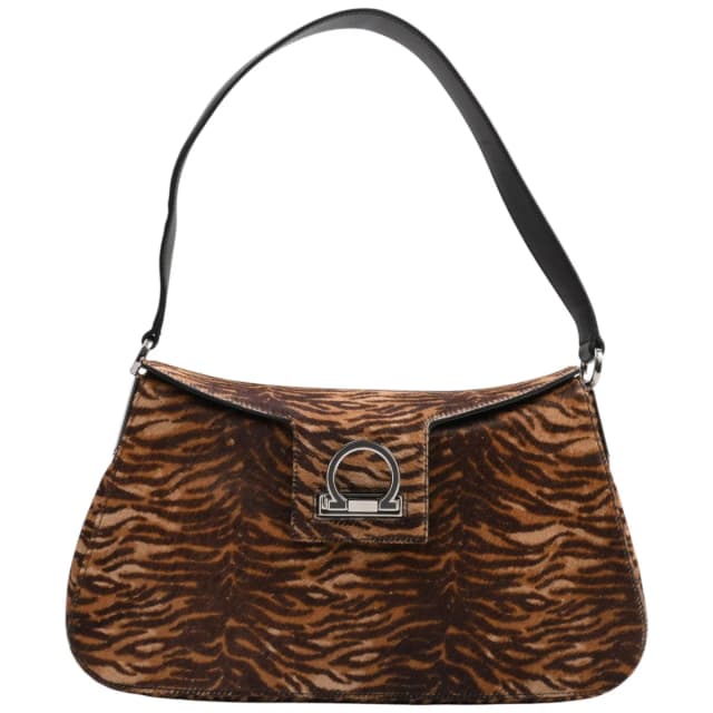 Ferragamo Gancini plate harakotai tiger pattern shoulder bag brown/black from VINTAGE QOO TOKYO, photo 1 of 1