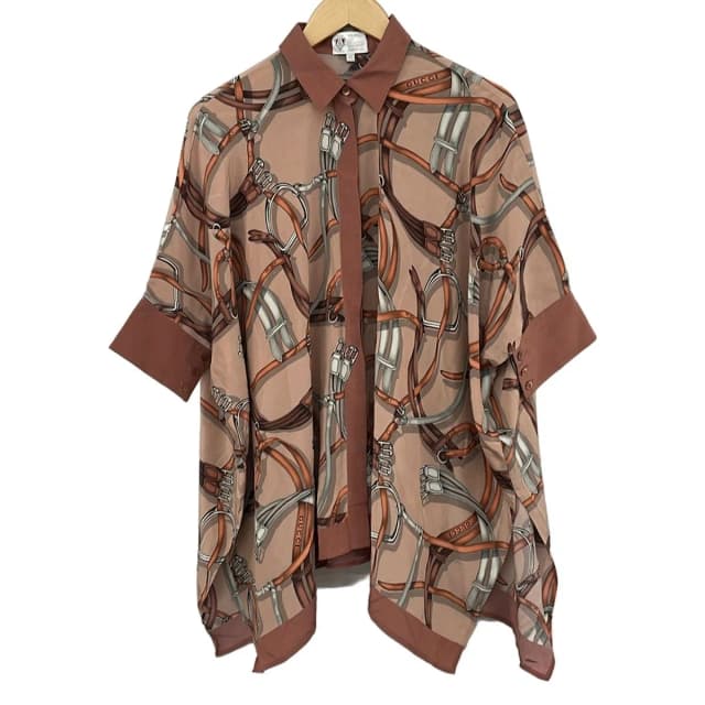 Gucci Three Quarter Sleeve Shirt Blouse M Pink Beige Brown Multi in Brown Silk from The Reluxe, photo 1 of 1